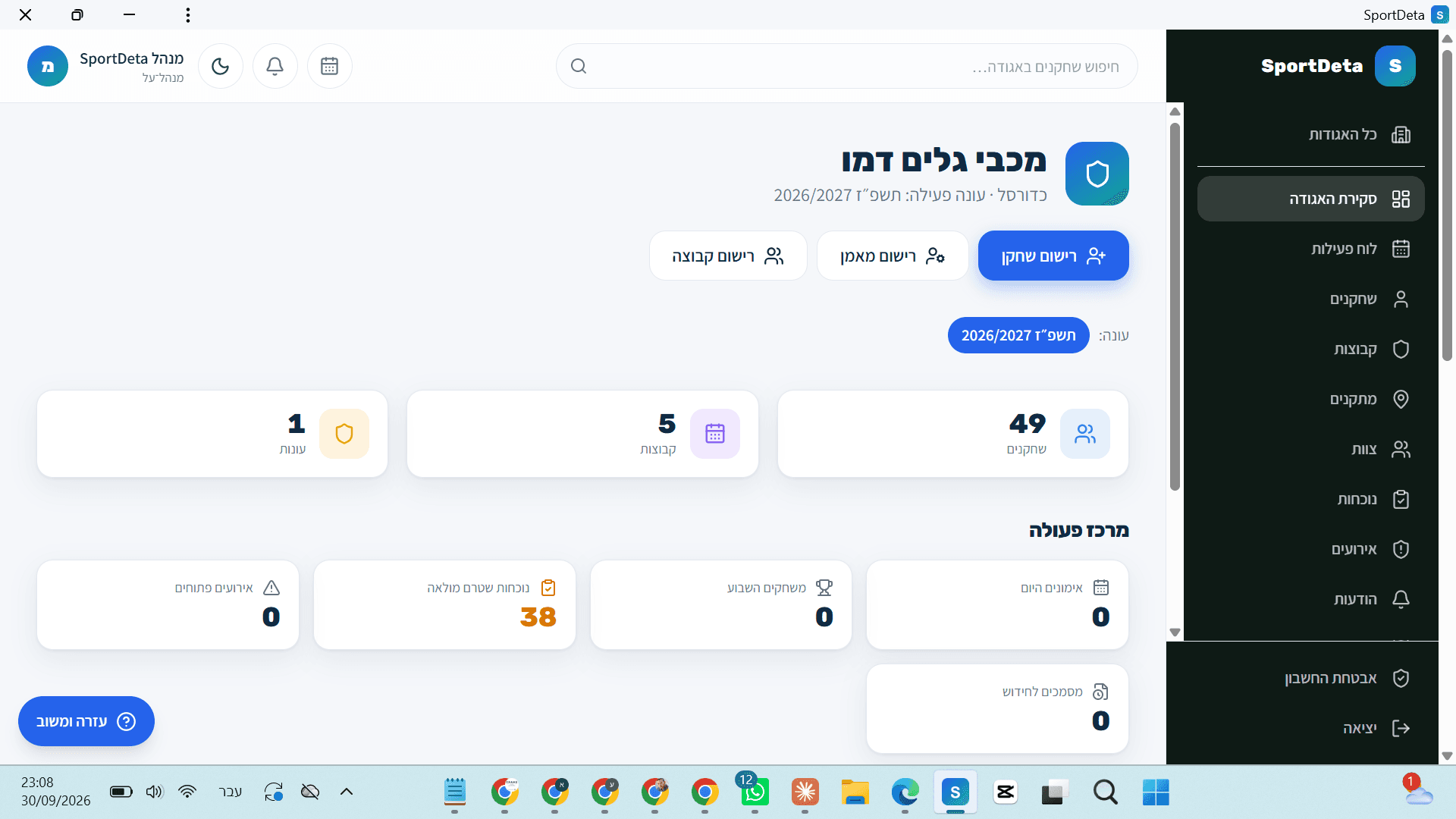 מסך הבית של מערכת הניהול של SPORTDETA — סקירת אגודה עם שחקנים, קבוצות ומרכז פעולה
